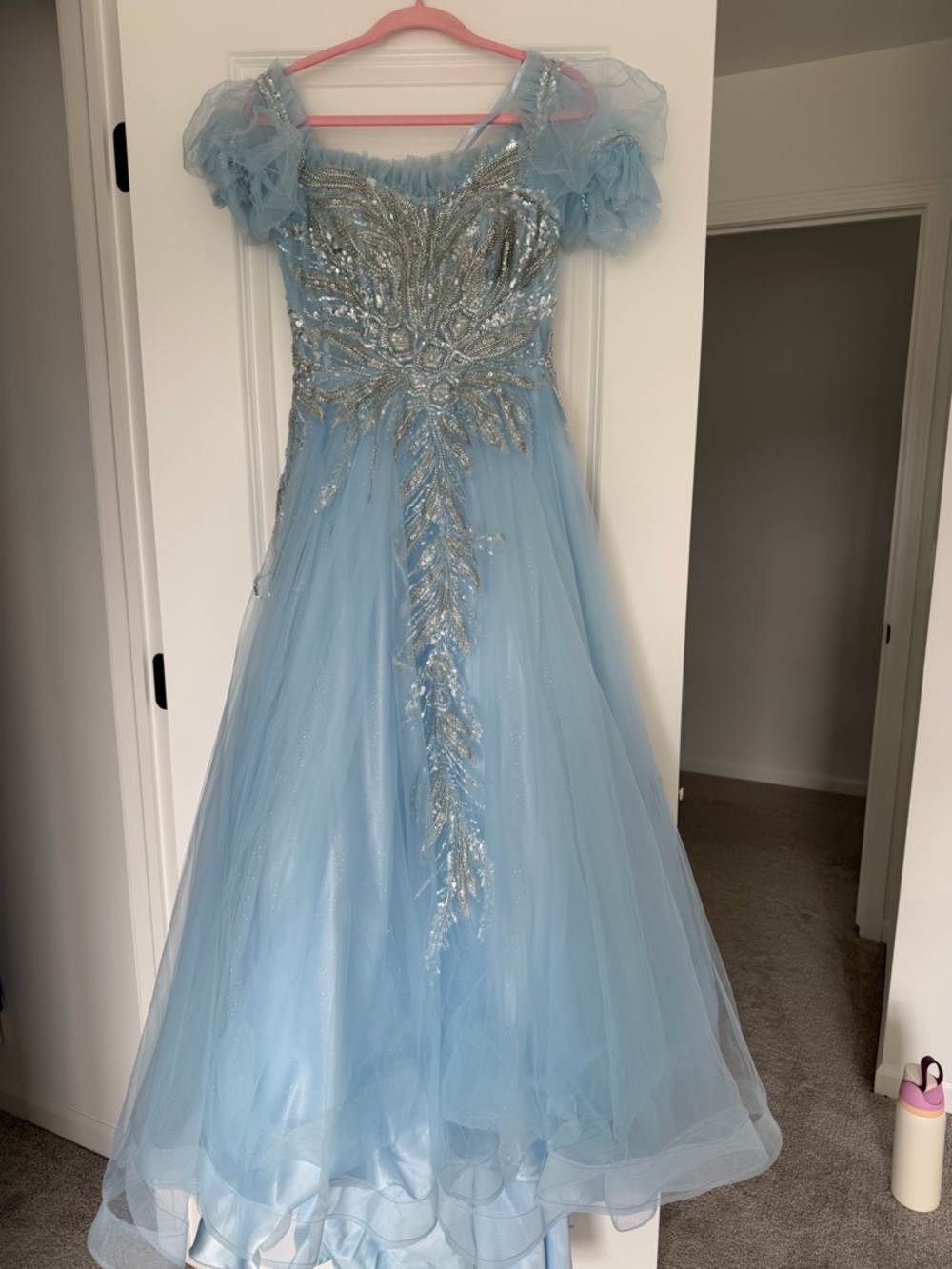 Women’s Light Blue Tulle Party Dress with Silver Embellishment Short Sleeve